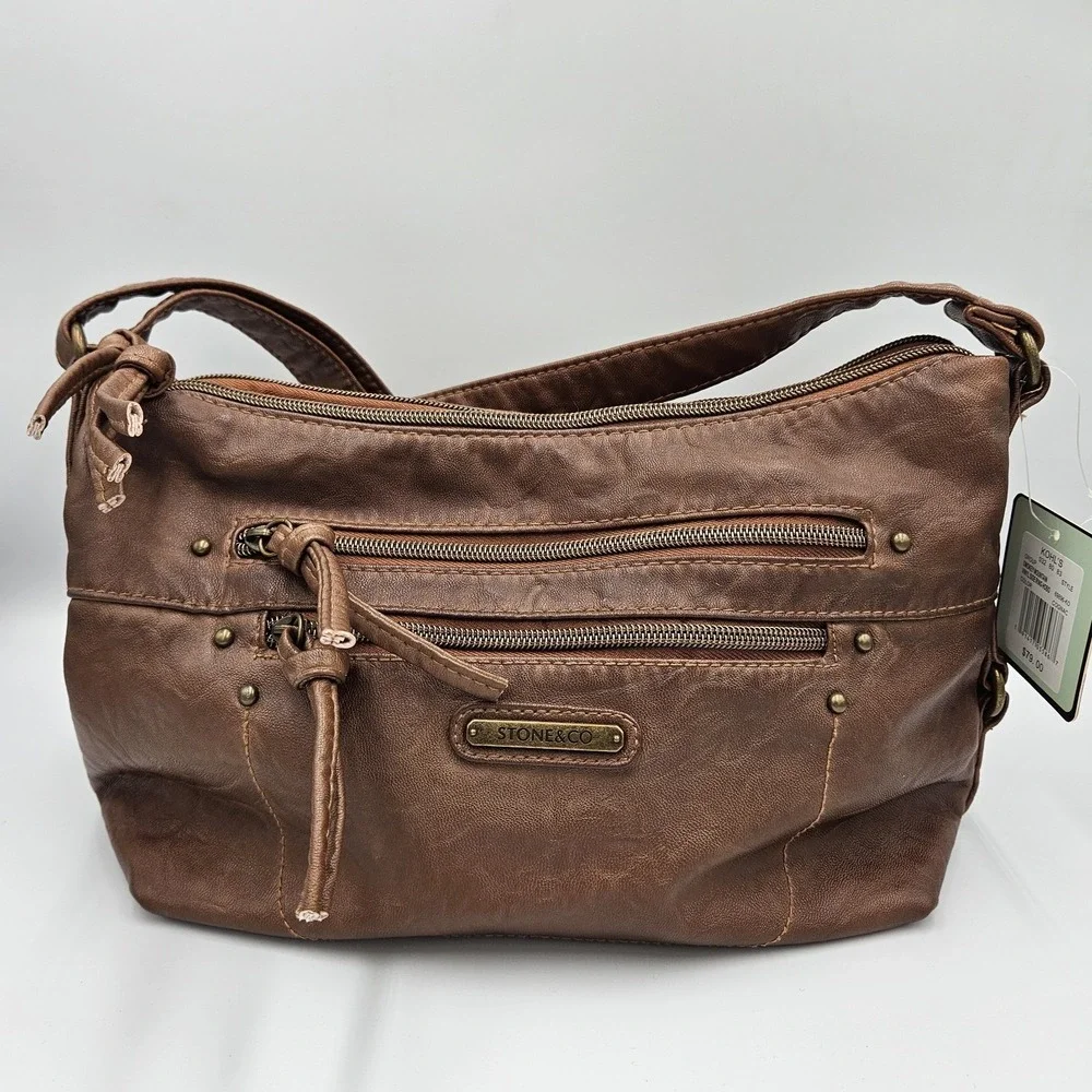 Stone & Co Purse Handbag Crossbody Adjustable Strap Faux‎ Leather Hobo Cognac